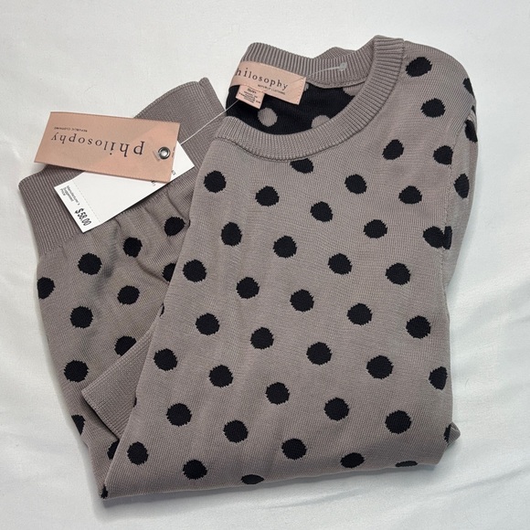Philosophy Sweaters - Philosophy Grey Crewneck Sweater with Black Polka Dots and Puff Sleeves